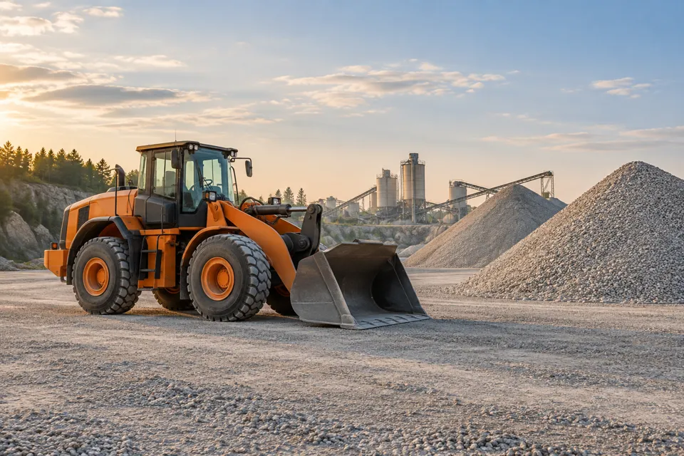 Wheel loader beside aggregate stockpiles