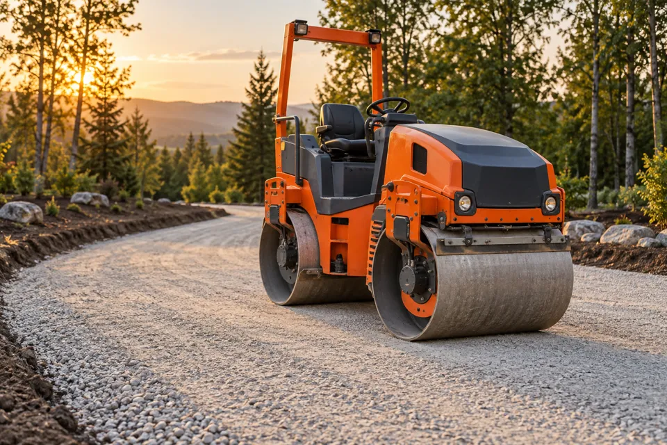 Road roller on a prepared gravel base