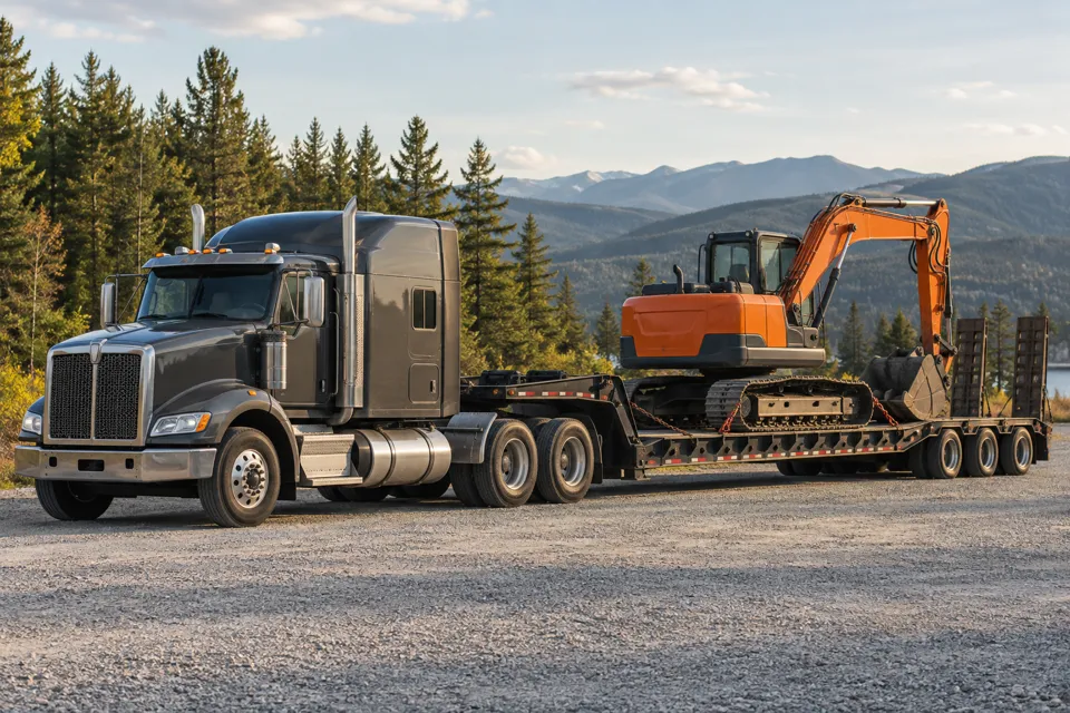 Excavator transported on a lowboy trailer