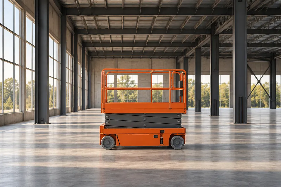 Lowered scissor lift inside an industrial building