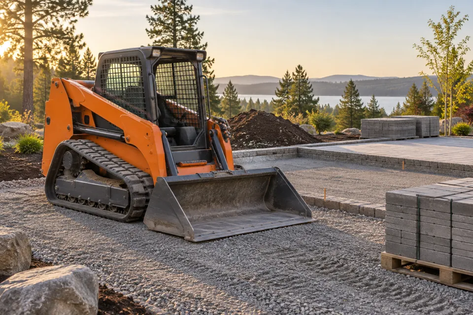 Compact track loader beside a landscape base