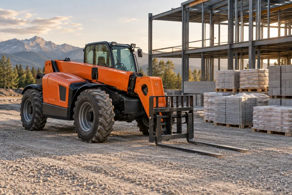Telehandler beside building materials