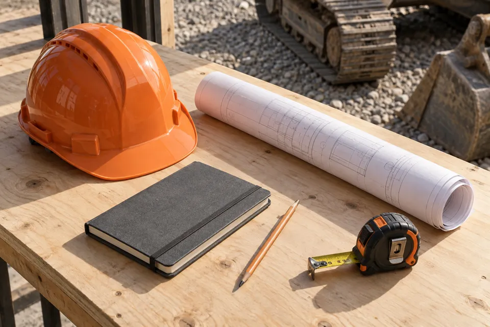 Helmet, notebook and measuring tape on a workbench