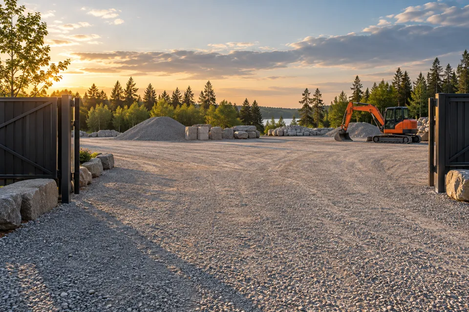 Open gate and a wide gravel approach